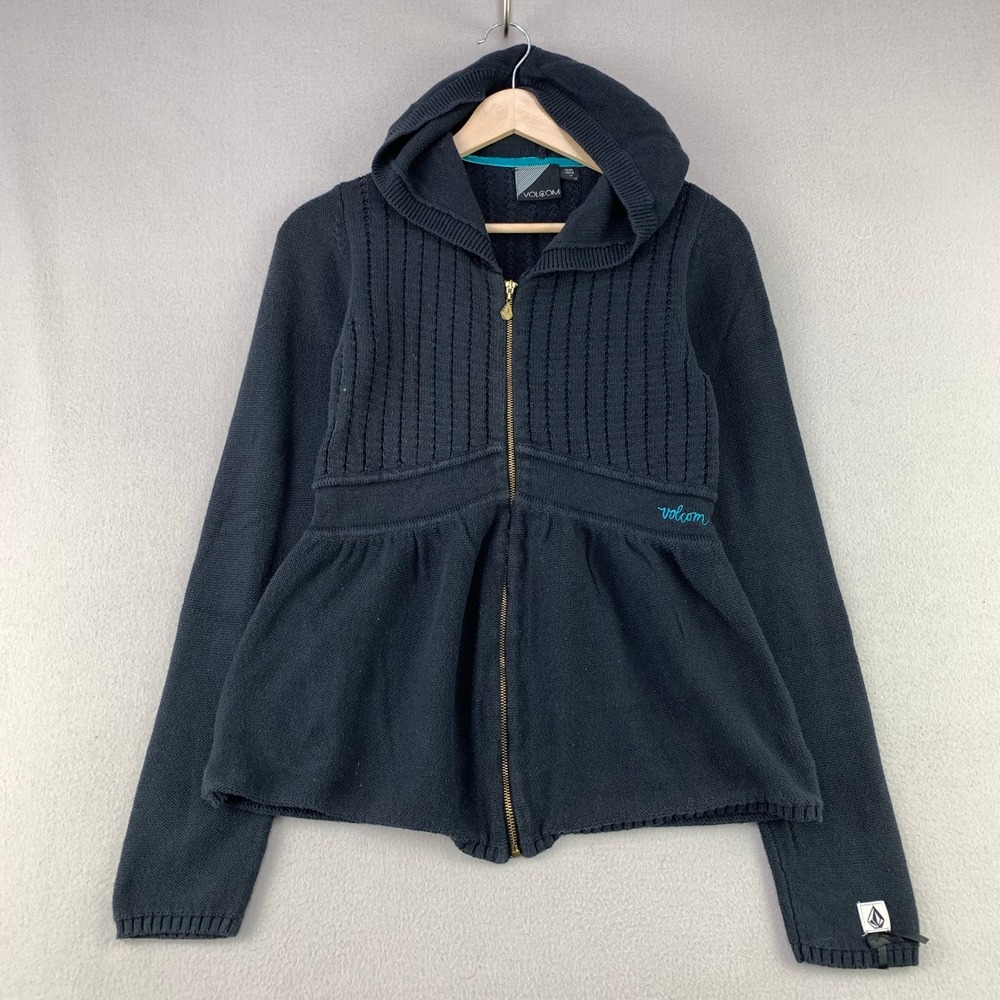 Vintage Volcom Legend Zip Sweater Womens Medium Black Full-Zip Chunky Knit Hoody